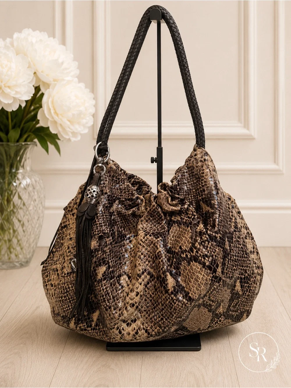 Brighton Nolita Snakeskin Print Leather Hobo Bag Python Tassel Large